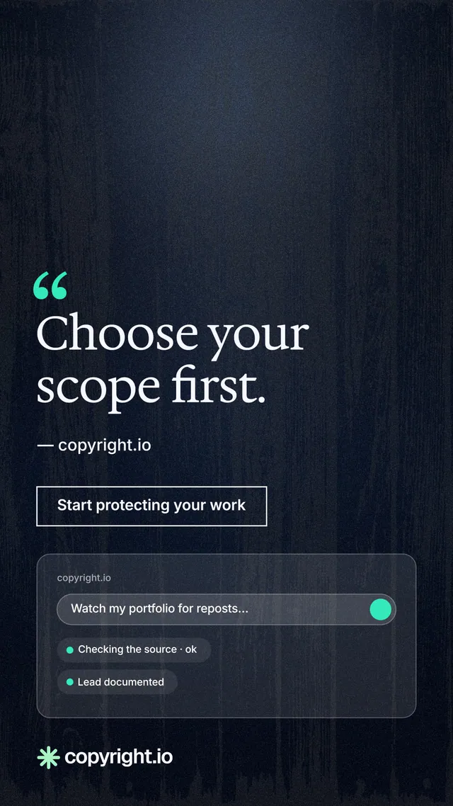 Instagram story for copyright.io: "Choose your scope first." Dark deco style, quote layout, dark palette in blue, black, grey.