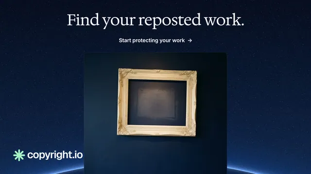 Landscape graphic for copyright.io: "Find your reposted work." Agentic glass style, ogui layout, dark palette in black, blue, grey.