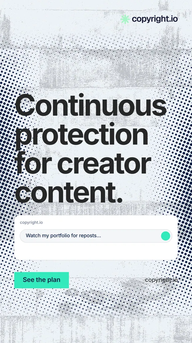 Instagram story for copyright.io: "Continuous protection for creator content." Swiss style, poster layout, light palette in white, blue, grey.