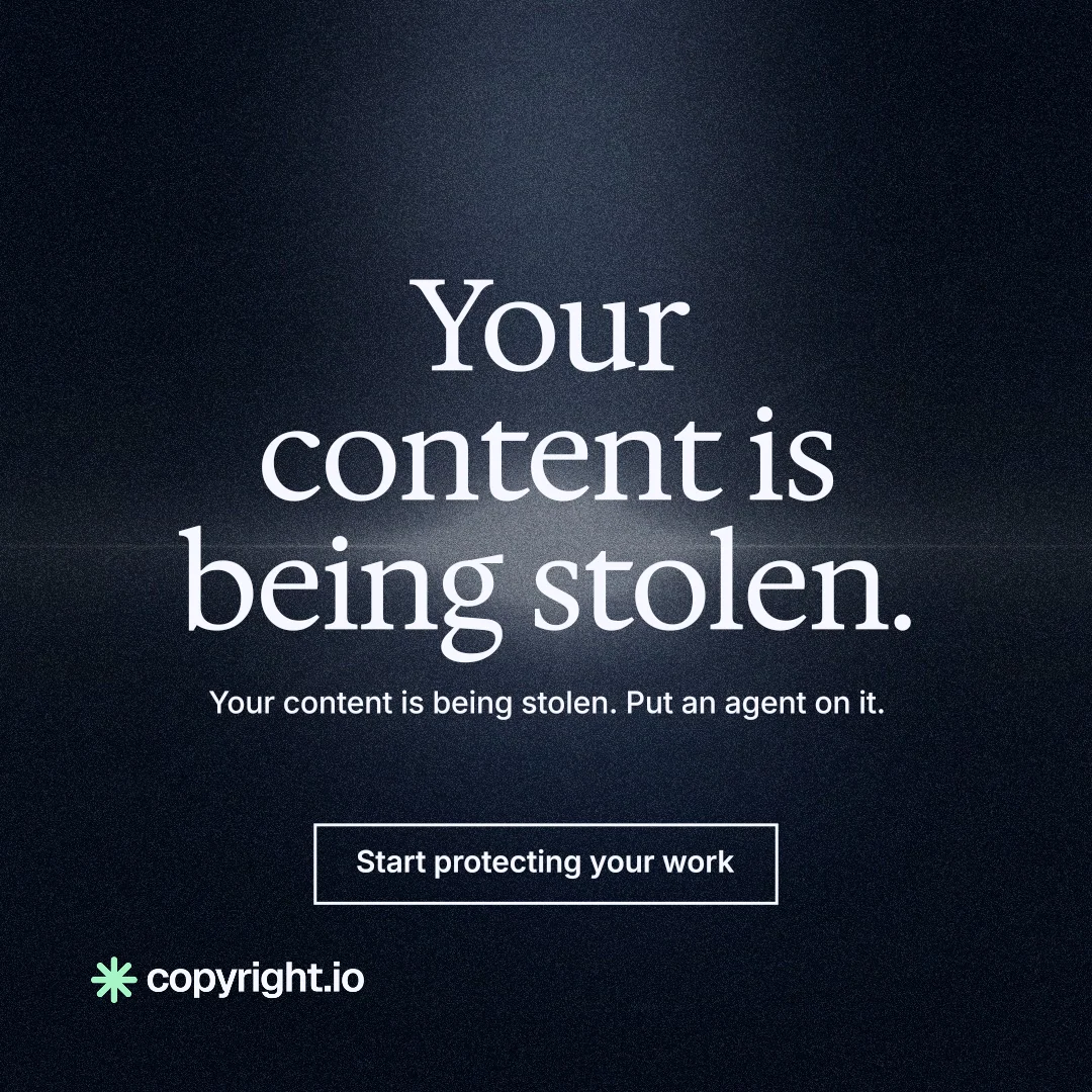 Instagram post for copyright.io: "Your content is being stolen." Dark deco style, centred layout, dark palette in blue, black, grey.