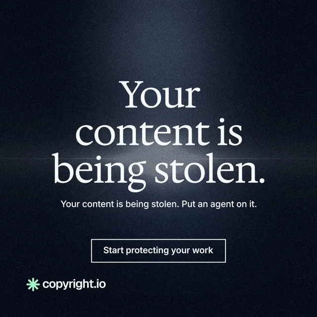 Instagram post for copyright.io: "Your content is being stolen." Dark deco style, centred layout, dark palette in blue, black, grey.