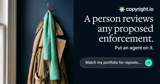 Social ad for copyright.io: "A person reviews any proposed enforcement." Agentic glass style, right layout, dark palette in black, grey.