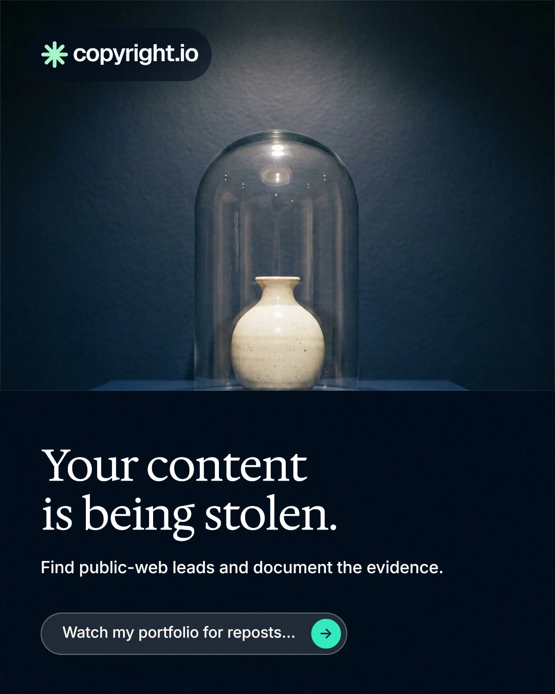 Instagram portrait post for copyright.io: "Your content is being stolen." Agentic glass style, bottom layout, dark palette in blue, black, grey.