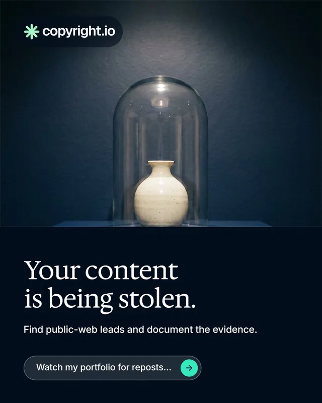 Instagram portrait post for copyright.io: "Your content is being stolen." Agentic glass style, bottom layout, dark palette in blue, black, grey.