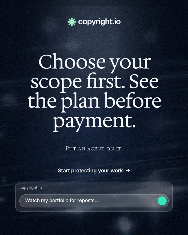 Instagram portrait post for copyright.io: "Choose your scope first. See the plan before payment." Dark deco style, smallcaps layout, dark palette in blue, black, grey.