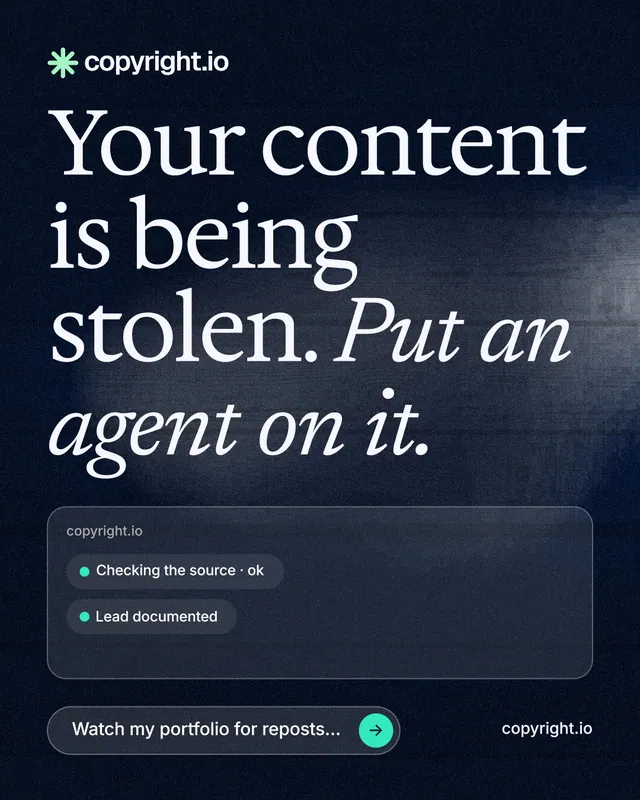 Instagram portrait post for copyright.io: "Your content is being stolen. Put an agent on it." Thermal style, poster layout, dark palette in blue, black, grey.