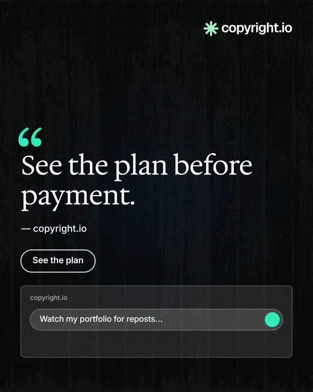 Instagram portrait post for copyright.io: "See the plan before payment." Phosphor atlas style, quote layout, dark palette in black, grey.