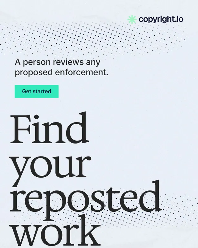 Instagram portrait post for copyright.io: "Find your reposted work." Swiss style, oversized layout, light palette in white, blue, grey.