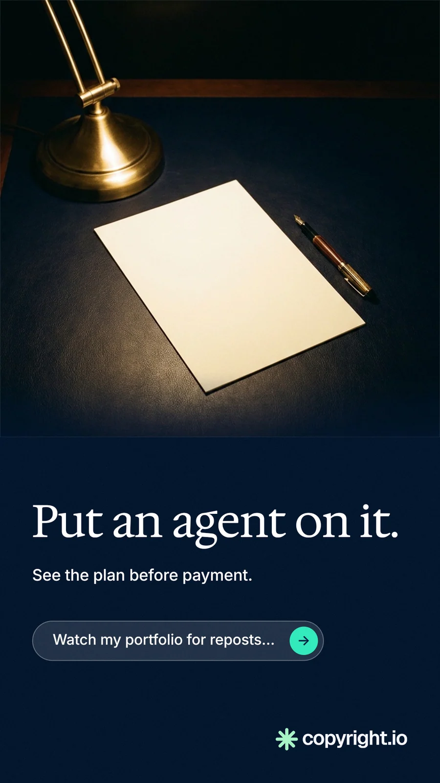 Instagram story for copyright.io: "Put an agent on it." Agentic glass style, bottom layout, dark palette in black, grey.