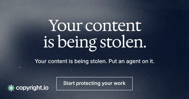 Social ad for copyright.io: "Your content is being stolen." Cyanotype style, centred layout, dark palette in black, blue, grey.