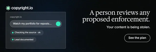 X header for copyright.io: "A person reviews any proposed enforcement." Phosphor atlas style, right layout, dark palette in black, grey.