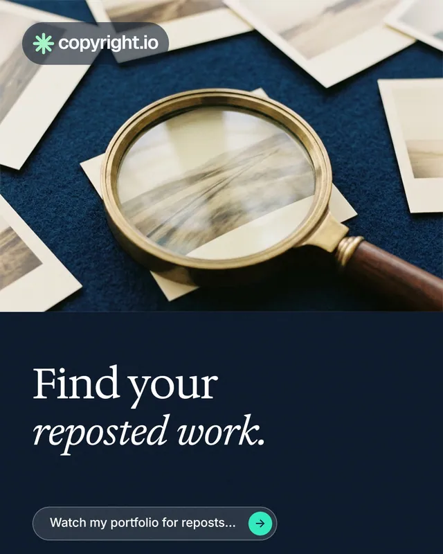 Instagram portrait post for copyright.io: "Find your reposted work." Agentic glass style, bottom layout, dark palette in blue, yellow, grey.