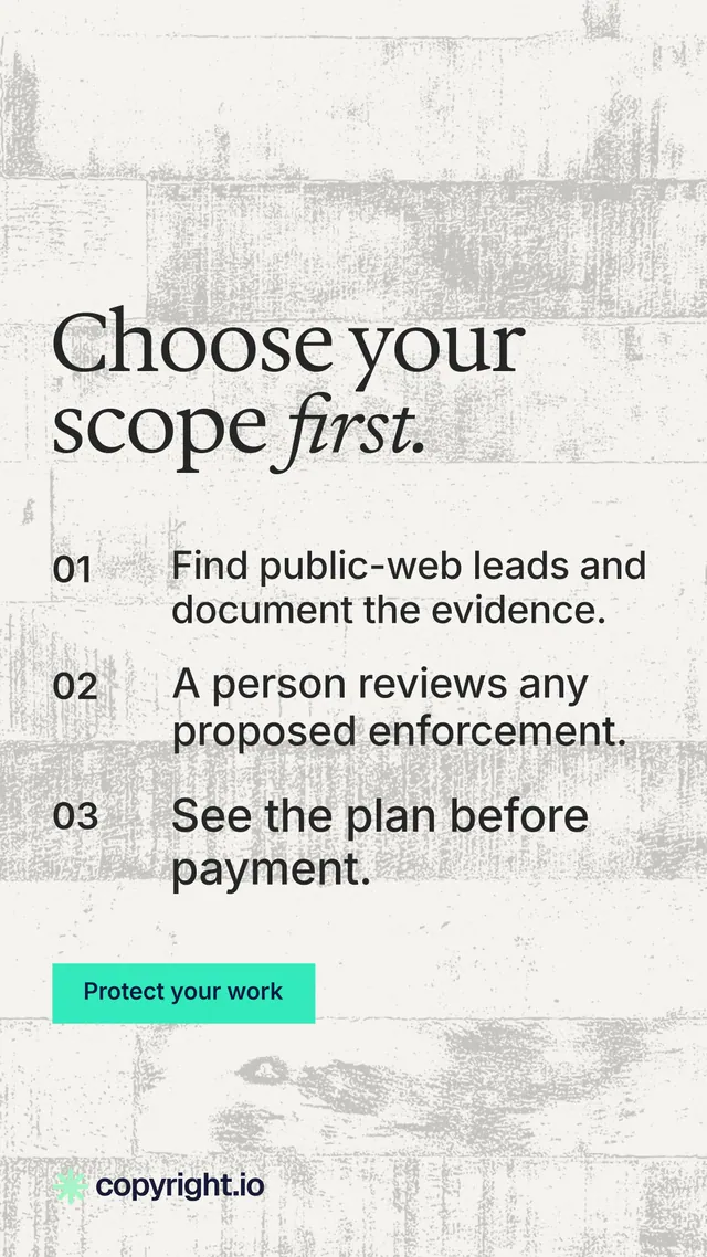 Instagram story for copyright.io: "Choose your scope first." Swiss style, numbered layout, light palette in white, grey.