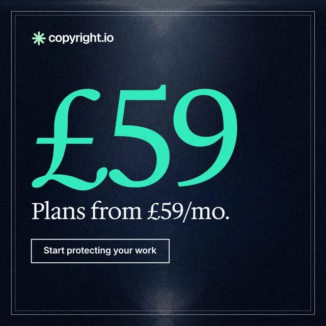 Instagram post for copyright.io: "Protect your work." Dark deco style, stat layout, dark palette in blue, black, teal.