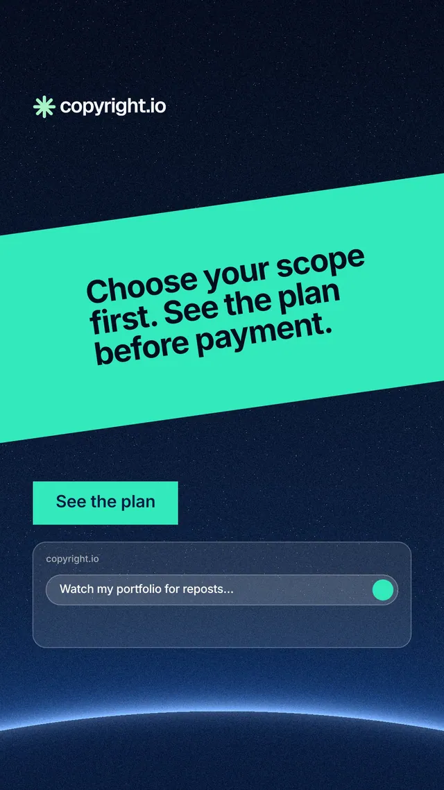 Instagram story for copyright.io: "Choose your scope first. See the plan before payment." Swiss style, diagonal layout, dark palette in teal, black, blue.