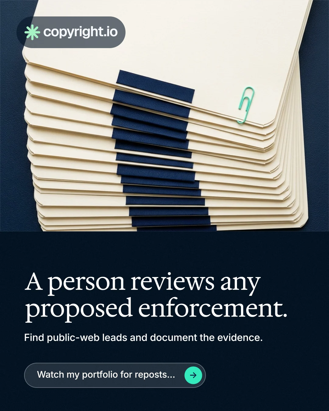 Instagram portrait post for copyright.io: "A person reviews any proposed enforcement." Agentic glass style, bottom layout, dark palette in yellow, black, blue.