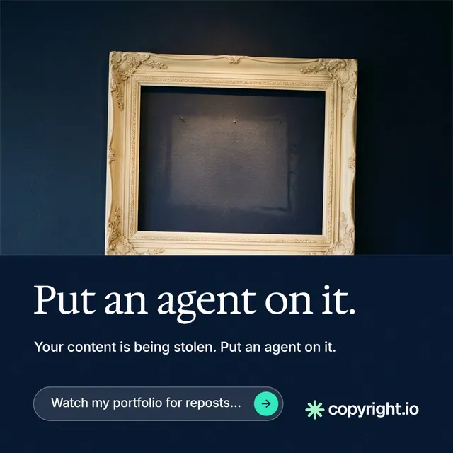 Instagram post for copyright.io: "Put an agent on it." Agentic glass style, bottom layout, dark palette in black, blue, grey.