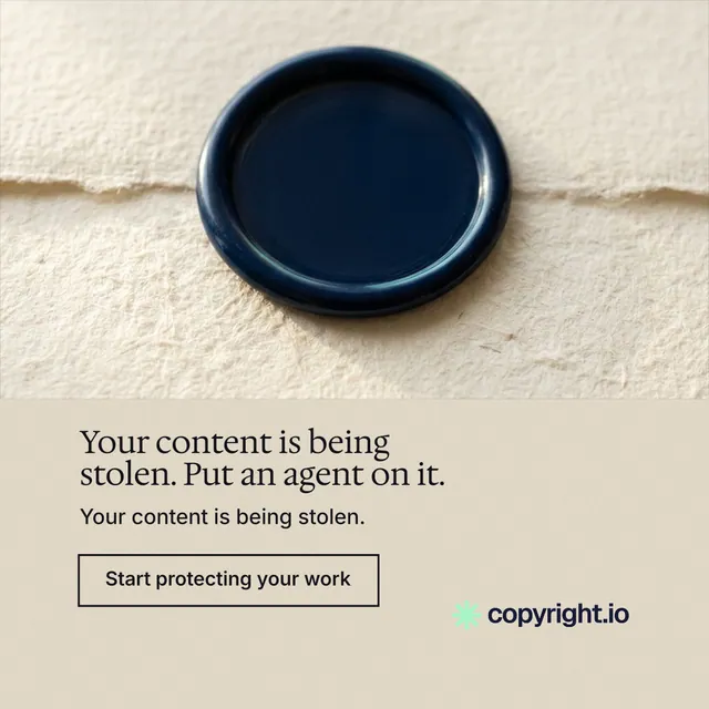 Instagram post for copyright.io: "Your content is being stolen. Put an agent on it." Editorial style, bottom layout, light palette in orange, yellow, grey.