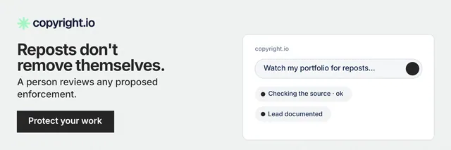X header for copyright.io: "Reposts don't remove themselves." Swiss style, bottom layout, light palette in white, grey.