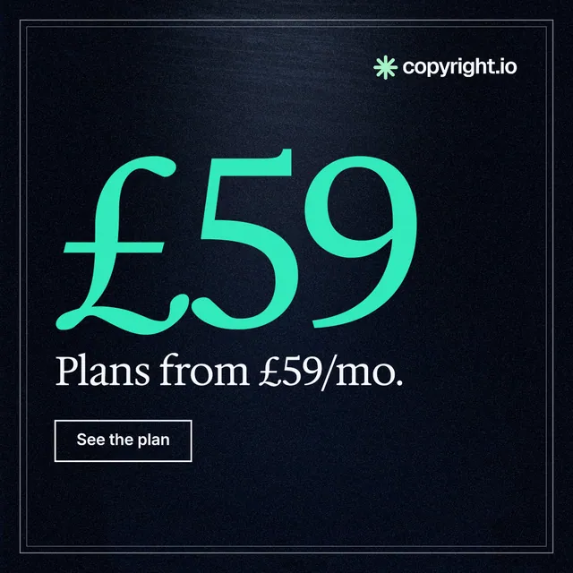 Instagram post for copyright.io: "Your content is being stolen. Put an agent on it." Dark deco style, stat layout, dark palette in black, teal.