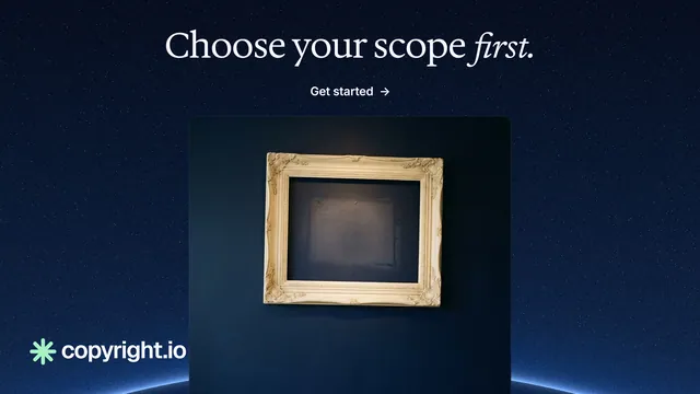 Landscape graphic for copyright.io: "Choose your scope first." Agentic glass style, ogui layout, dark palette in blue, black, grey.
