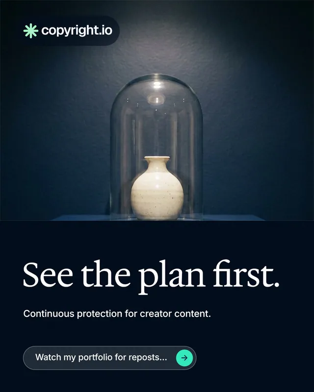 Instagram portrait post for copyright.io: "See the plan first." Agentic glass style, bottom layout, dark palette in black, blue, grey.