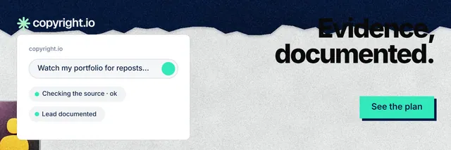 X header for copyright.io: "Evidence, documented." Paper trio style, right layout, light palette in teal, blue, white.