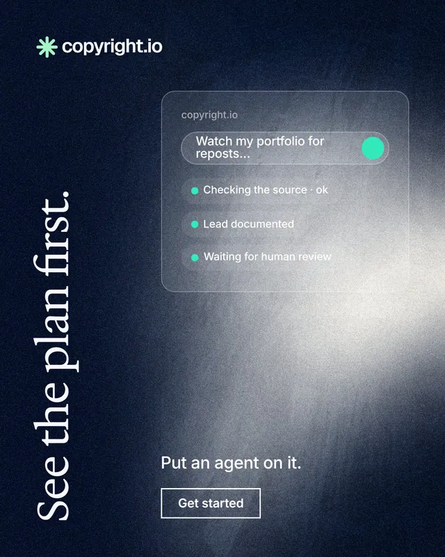 Instagram portrait post for copyright.io: "See the plan first." Cyanotype style, vertical layout, dark palette in grey, black, blue.