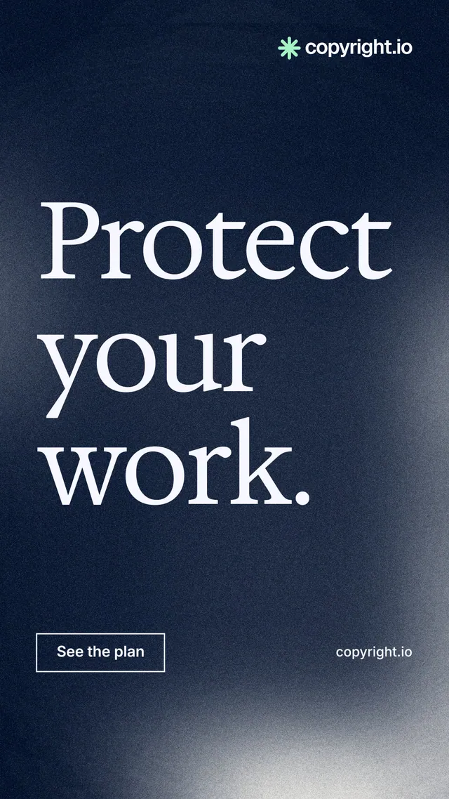 Instagram story for copyright.io: "Protect your work." Cyanotype style, poster layout, dark palette in blue, grey, black.