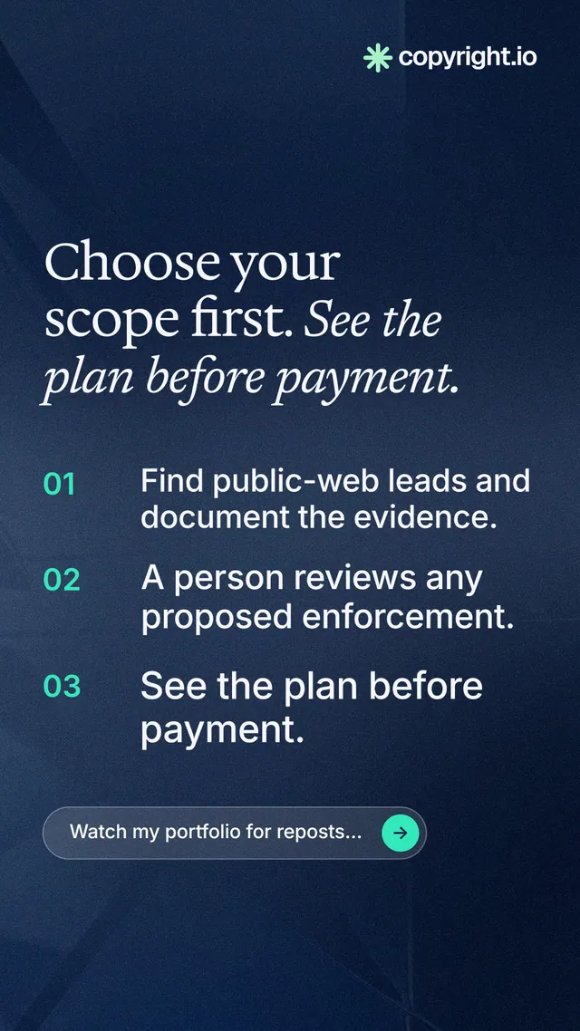 Instagram story for copyright.io: "Choose your scope first. See the plan before payment." Agentic glass style, numbered layout, dark palette in blue.
