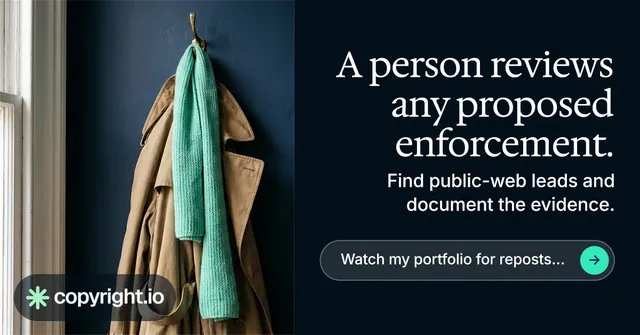 Social ad for copyright.io: "A person reviews any proposed enforcement." Agentic glass style, right layout, dark palette in black, grey.
