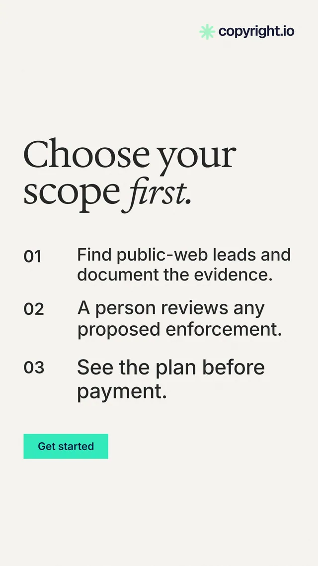 Instagram story for copyright.io: "Choose your scope first." Swiss style, numbered layout, light palette in white, grey.