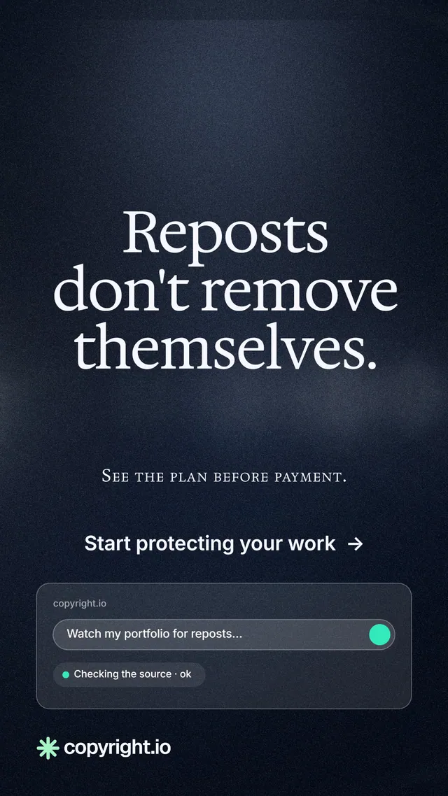 Instagram story for copyright.io: "Reposts don't remove themselves." Dark deco style, smallcaps layout, dark palette in blue, black, grey.