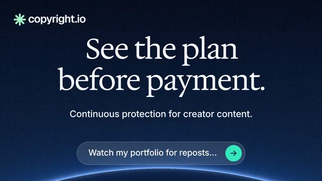 Landscape graphic for copyright.io: "See the plan before payment." Agentic glass style, centred layout, dark palette in blue, black.