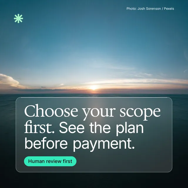 Instagram post for copyright.io: "Choose your scope first. See the plan before payment." Glass style, technique:pexels ingredient layout, dark palette in blue, teal.