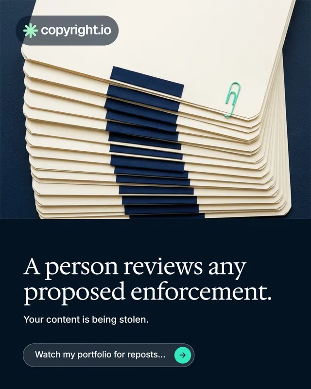 Instagram portrait post for copyright.io: "A person reviews any proposed enforcement." Agentic glass style, bottom layout, dark palette in yellow, black, blue.