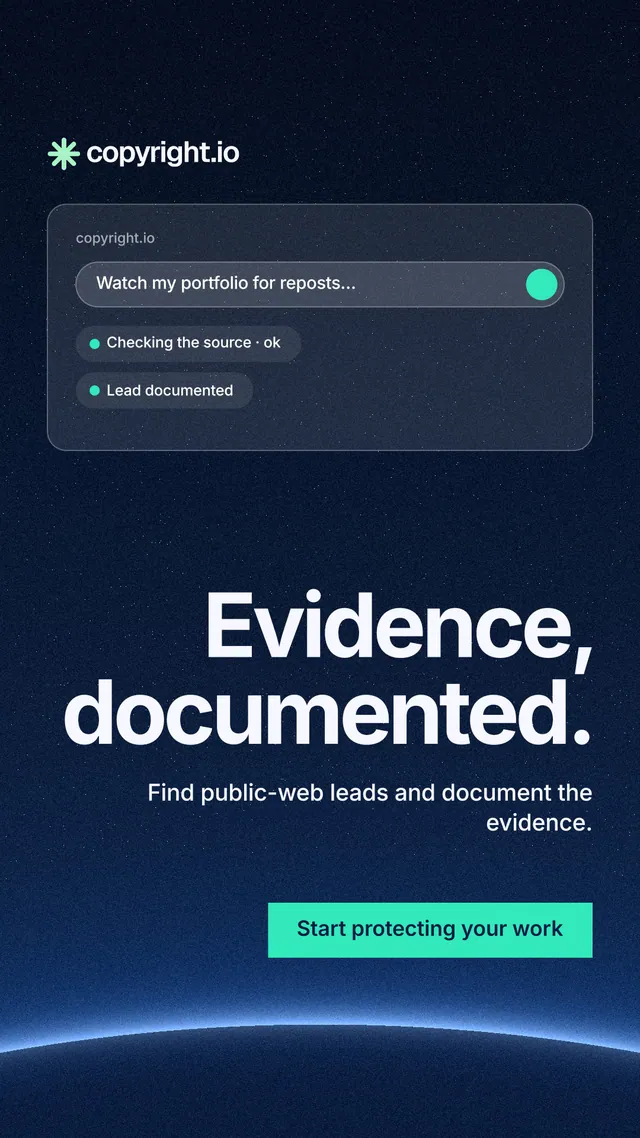 Instagram story for copyright.io: "Evidence, documented." Swiss style, right layout, dark palette in blue, black.
