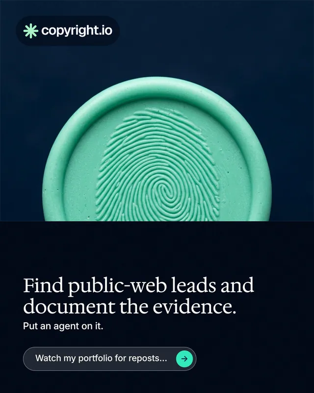 Instagram portrait post for copyright.io: "Find public-web leads and document the evidence." Agentic glass style, bottom layout, dark palette in black, blue, teal.