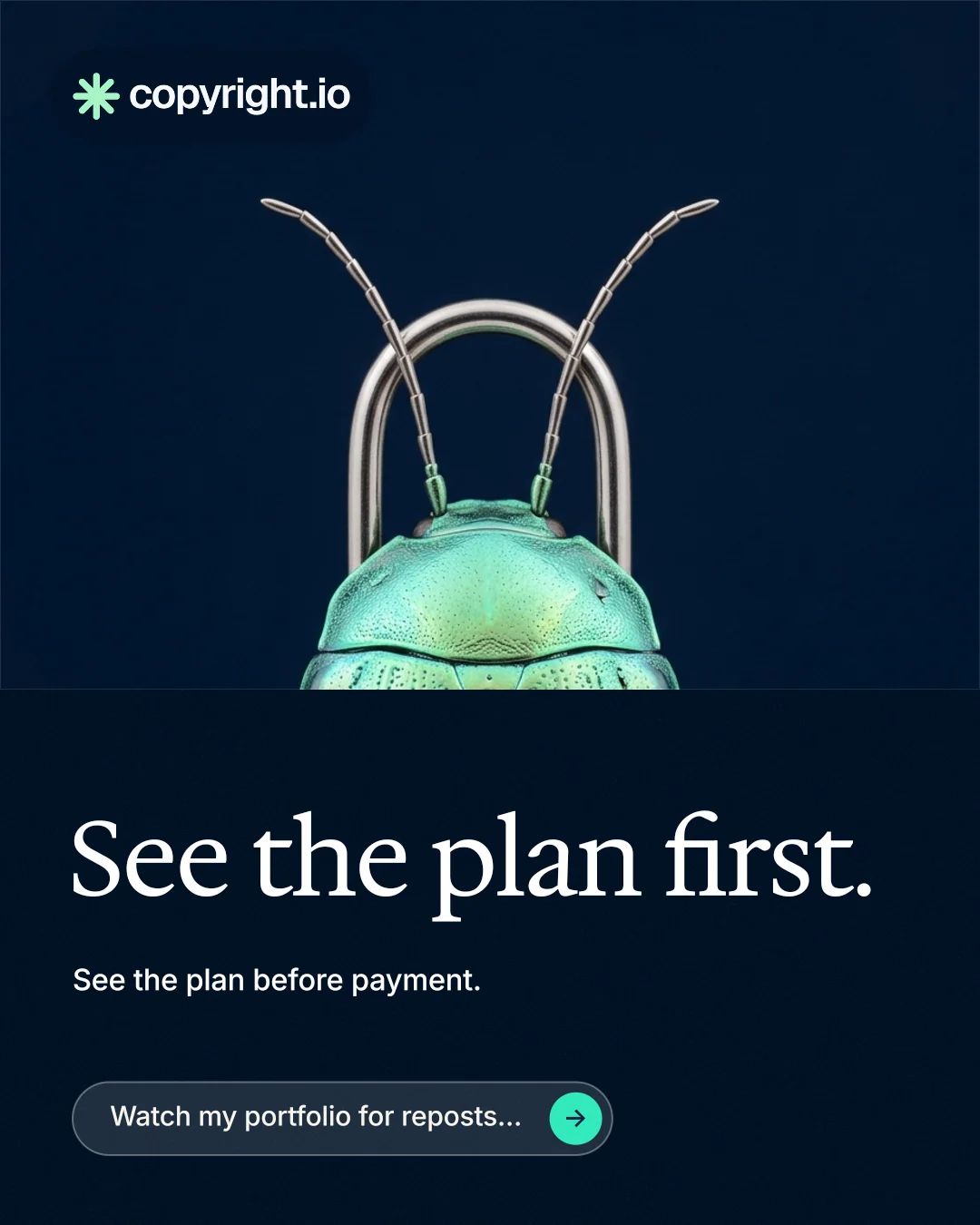 Instagram portrait post for copyright.io: "See the plan first." Agentic glass style, bottom layout, dark palette in black, blue.