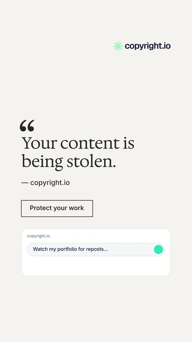 Instagram story for copyright.io: "Your content is being stolen." Editorial style, quote layout, light palette in white.