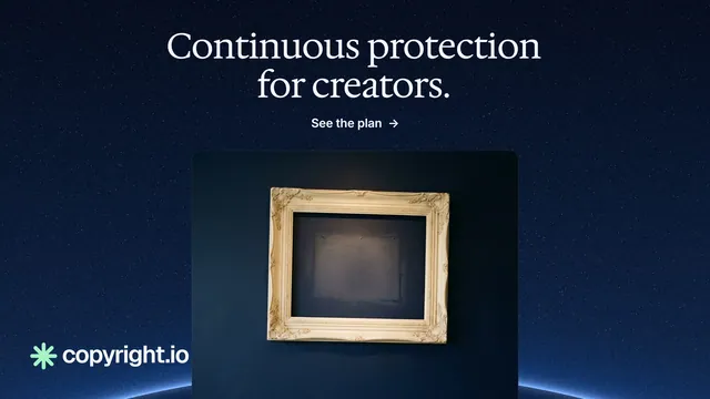 Landscape graphic for copyright.io: "Continuous protection for creators." Agentic glass style, ogui layout, dark palette in blue, black, grey.