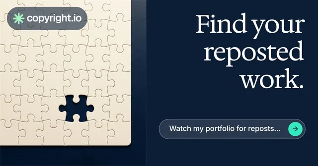 Social ad for copyright.io: "Find your reposted work." Agentic glass style, right layout, dark palette in blue, yellow, grey.