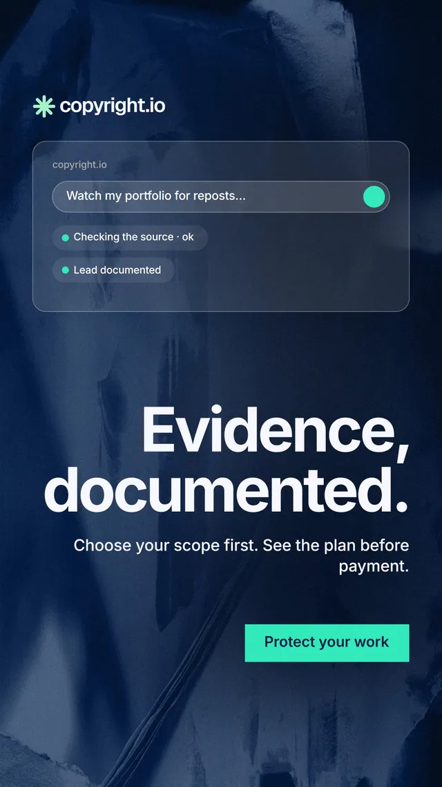Instagram story for copyright.io: "Evidence, documented." Swiss style, right layout, dark palette in blue, black.