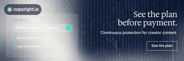 X header for copyright.io: "See the plan before payment." Cyanotype style, right layout, light palette in blue, grey, white.