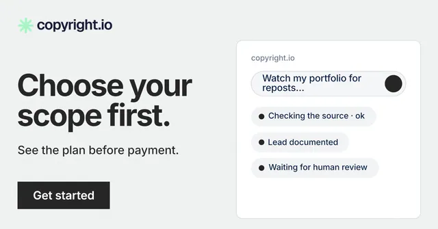 Social ad for copyright.io: "Choose your scope first." Swiss style, bottom layout, light palette in white, grey.