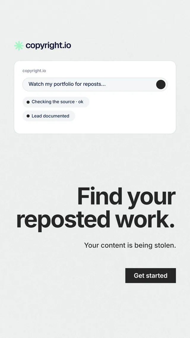 Instagram story for copyright.io: "Find your reposted work." Swiss style, right layout, light palette in white, grey.
