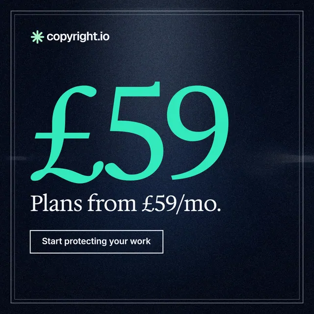 Instagram post for copyright.io: "Your content is being stolen." Dark deco style, stat layout, dark palette in blue, black, teal.