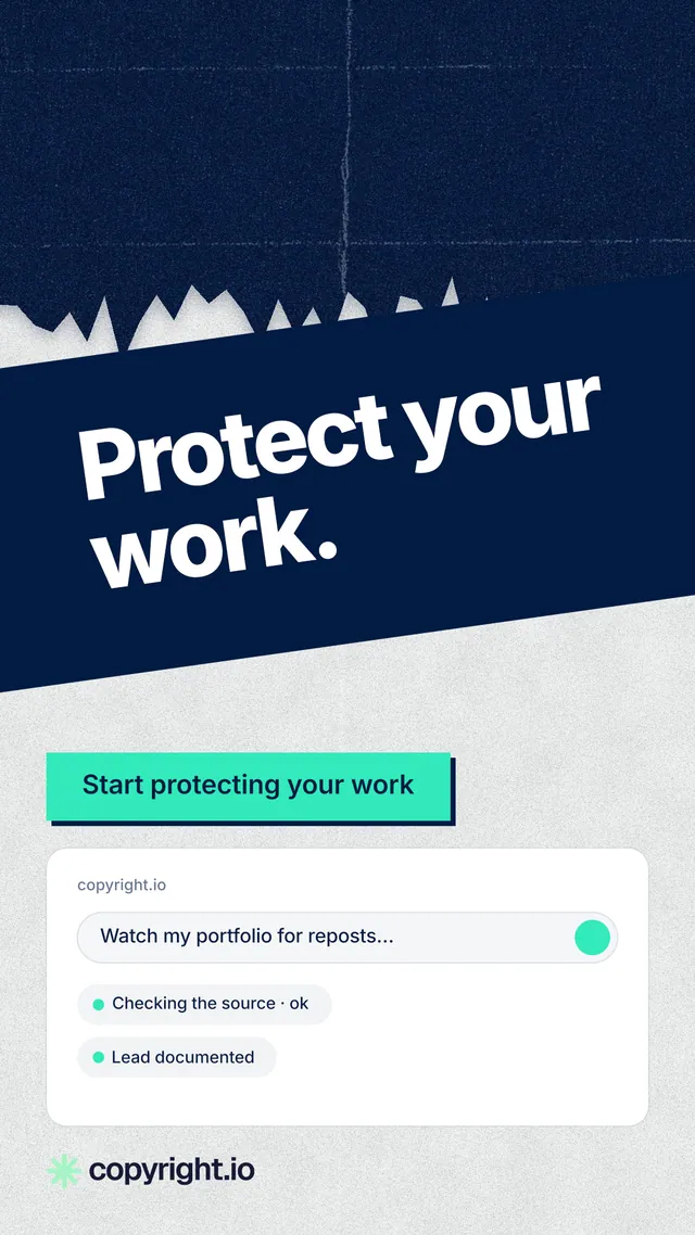 Instagram story for copyright.io: "Protect your work." Paper trio style, diagonal layout, light palette in white, blue, teal.