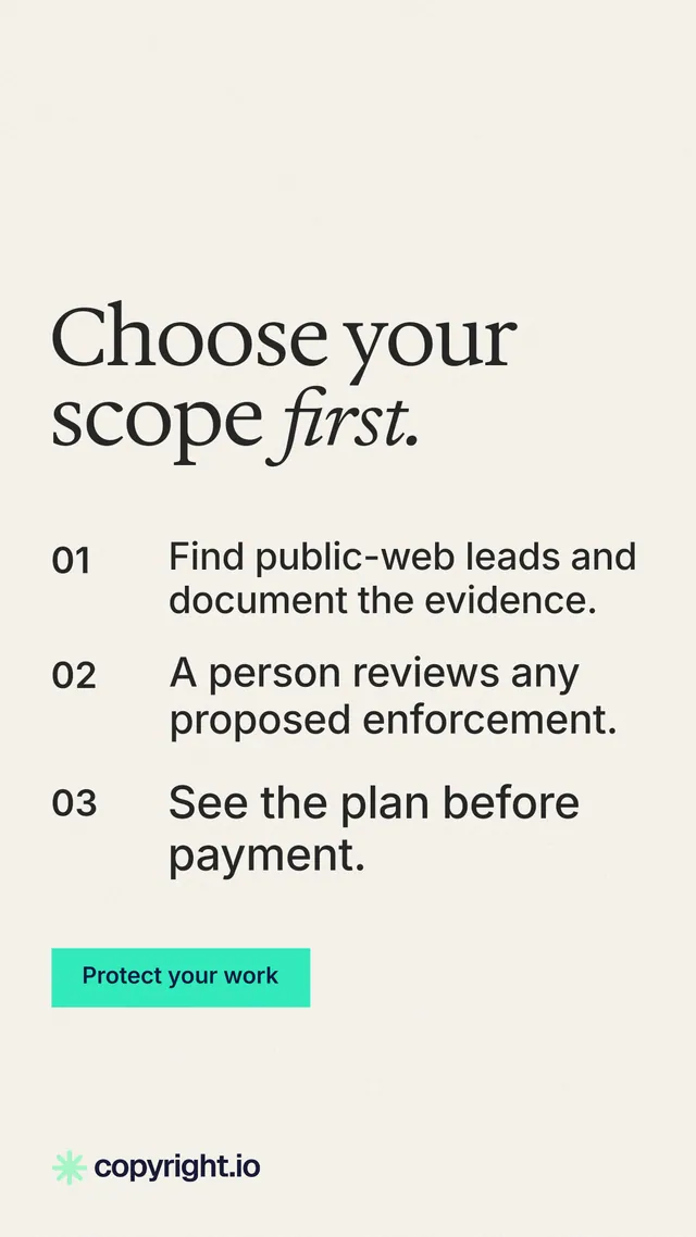 Instagram story for copyright.io: "Choose your scope first." Swiss style, numbered layout, light palette in white.