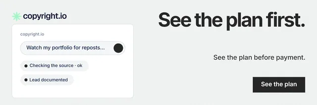 X header for copyright.io: "See the plan first." Swiss style, right layout, light palette in white, grey.